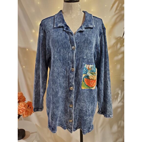 Vtg 90s Produce Studio Home Grown Waffle Knit Cotton Button Tunic Top XL Artsy - Picture 1 of 11